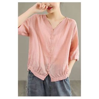 Áo sơ mi dáng rộng cổ chữ V tay ngắn bằng vải lanh Cotton dành cho nữ Quần áo thường ngày