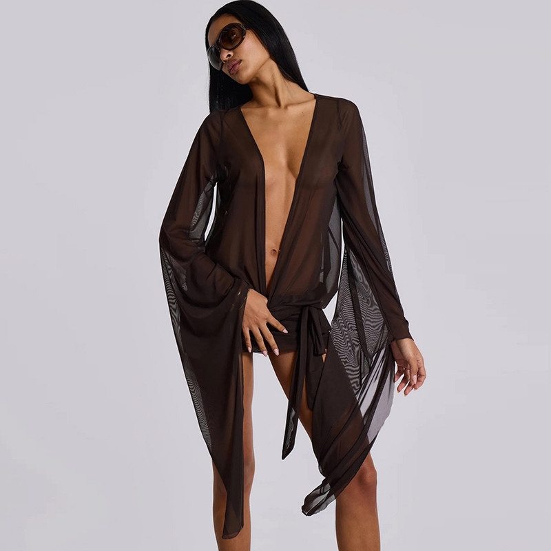 Cutenew Gợi Cảm Mini Cổ Chữ V Tay Dài Lưng Chắc Chắn Skinny Quấn Mông Cá Tính Niche Nóng Gà Con Nhìn Mỏng Hơn Phong Cách Không Khí