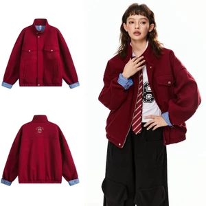 Tianlesiwei American retro màu đỏ cổ đứng áo khoác len mùa xuân nam nữ tương phản khâu áo khoác bay