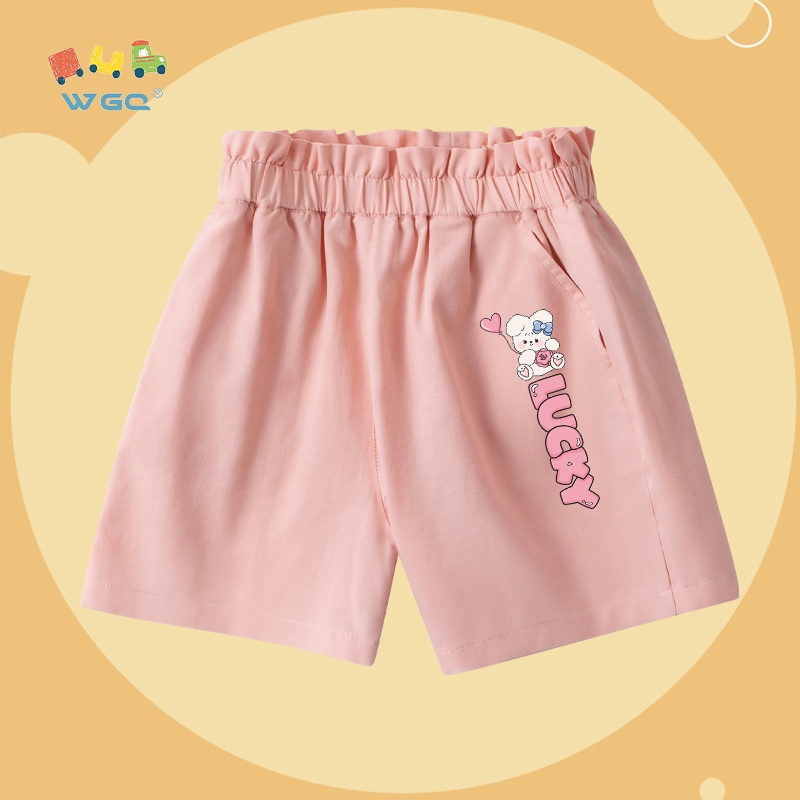 W.G.Q  Quần đùi Bé Gái, Thiết Kế Eo Co Giãn Có Túi, Vải Cotton Nguyên Chất, Mềm Mại Thoáng Khí
