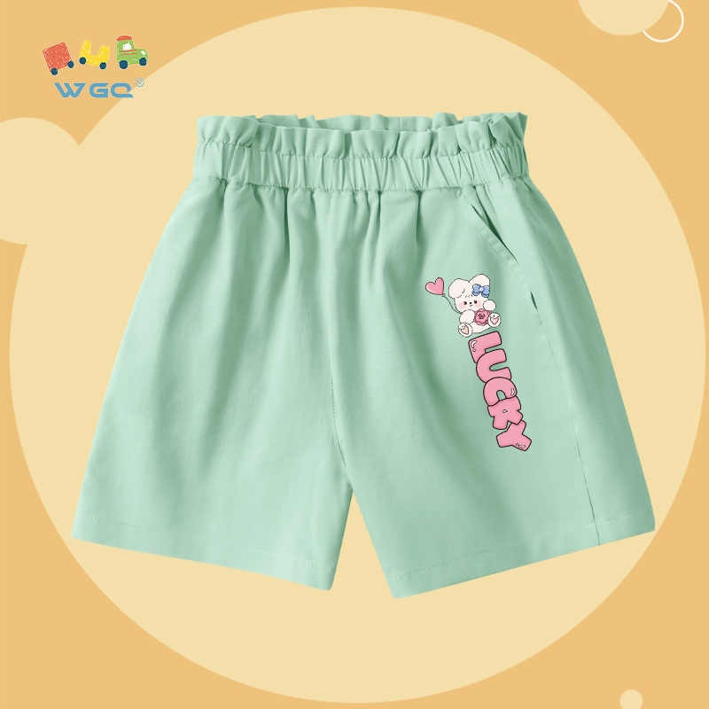W.G.Q  Quần đùi Bé Gái, Thiết Kế Eo Co Giãn Có Túi, Vải Cotton Nguyên Chất, Mềm Mại Thoáng Khí