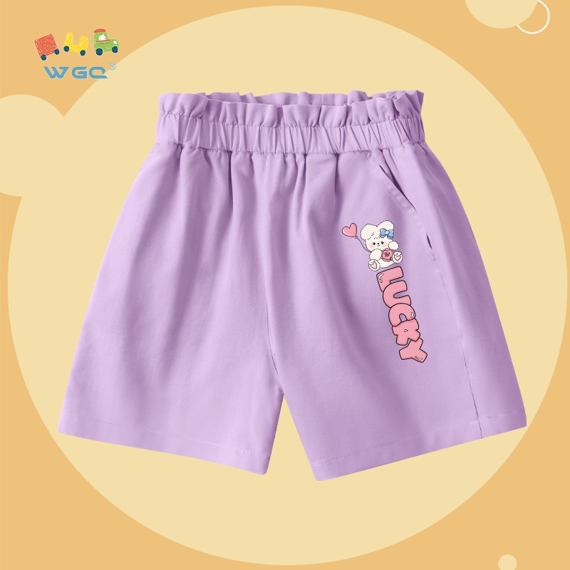 W.G.Q  Quần đùi Bé Gái, Thiết Kế Eo Co Giãn Có Túi, Vải Cotton Nguyên Chất, Mềm Mại Thoáng Khí
