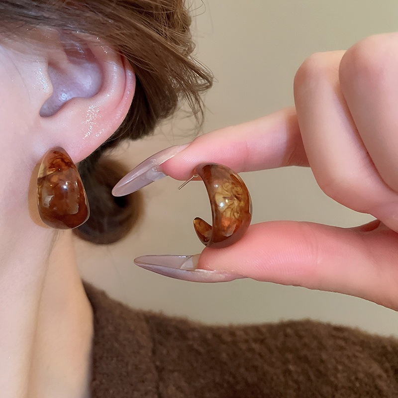 [Jewbeauty] Bông tai hình học kim bạc Cổng Đông nhòe màu cà phê bông tai thiết kế thời trang đơn giản cảm giác phong cách bến cảng trang sức cổ điển