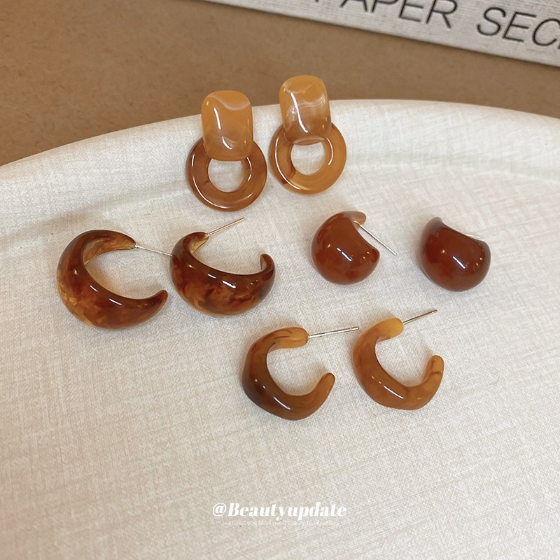 [Jewbeauty] Bông tai hình học kim bạc Cổng Đông nhòe màu cà phê bông tai thiết kế thời trang đơn giản cảm giác phong cách bến cảng trang sức cổ điển