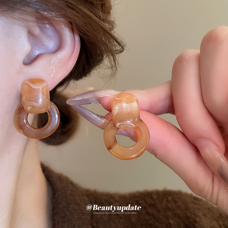 [Jewbeauty] Bông tai hình học kim bạc Cổng Đông nhòe màu cà phê bông tai thiết kế thời trang đơn giản cảm giác phong cách bến cảng trang sức cổ điển