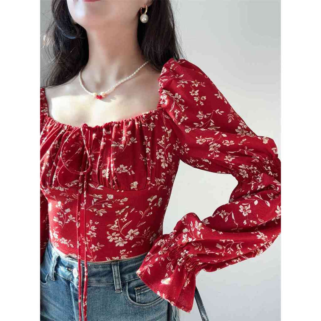 Áo Sơ Mi Nhỏ Cổ Tích Siêu Đẹp ~ Mùa Xuân Mùa Hè Phong Cách Pháp Đèn Lồng Cổ Vuông Dài Tay Áo Sơ Mi Hoa Đỏ Dây Rút Không Eo Đi Biển Kỳ Nghỉ Áo Sơ Mi Ngắn Voan Cổ Thấp Gợi Cảm Top Bong Bóng Vàng Tay Ngắn