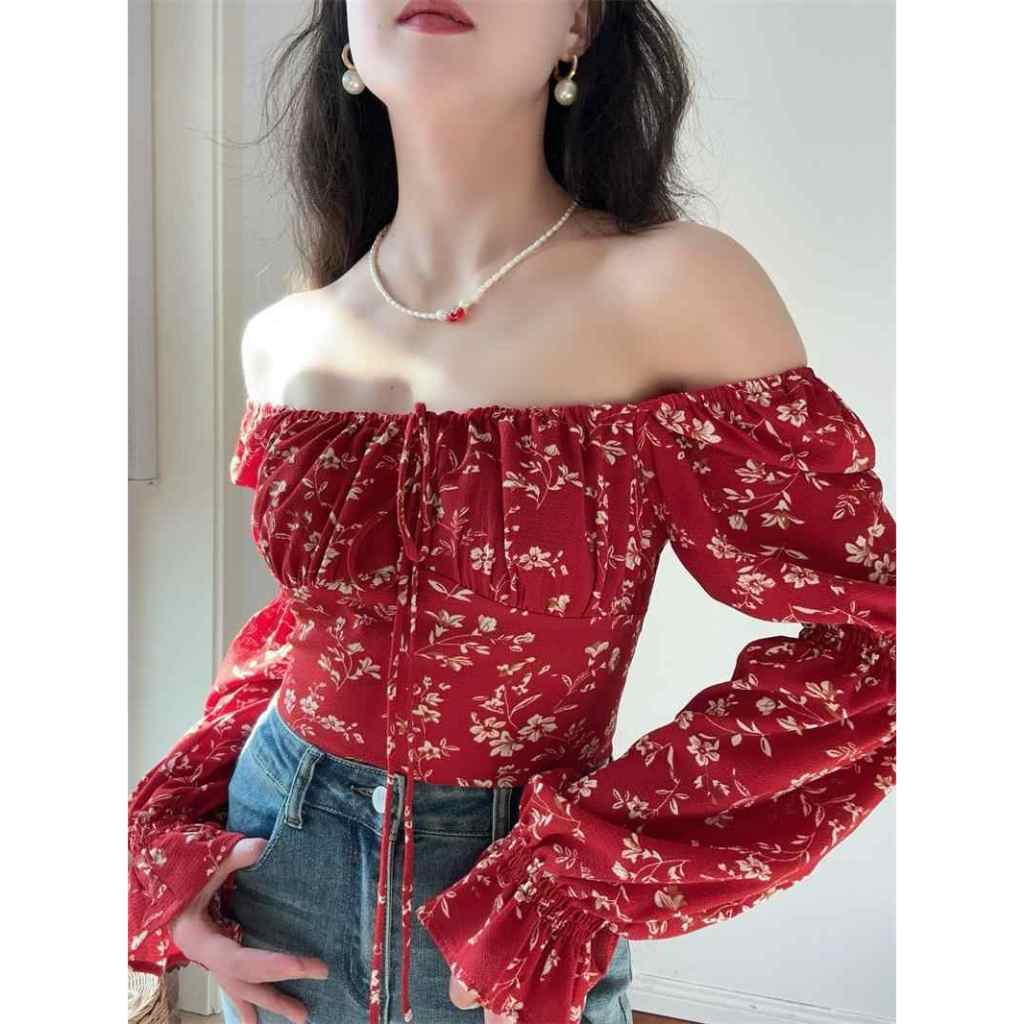 Áo Sơ Mi Nhỏ Cổ Tích Siêu Đẹp ~ Mùa Xuân Mùa Hè Phong Cách Pháp Đèn Lồng Cổ Vuông Dài Tay Áo Sơ Mi Hoa Đỏ Dây Rút Không Eo Đi Biển Kỳ Nghỉ Áo Sơ Mi Ngắn Voan Cổ Thấp Gợi Cảm Top Bong Bóng Vàng Tay Ngắn