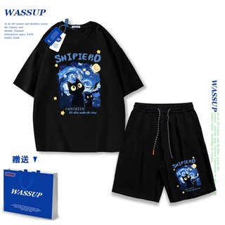Áo thun ngắn tay Wassup mùa hè nam dáng rộng Quần Short Cotton hợp thời trang, nam nữ thể thao giản dị Phong cách đơn giản 2025 Phong cách mới