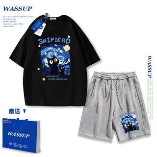 Áo thun ngắn tay Wassup mùa hè nam dáng rộng Quần Short Cotton hợp thời trang, nam nữ thể thao giản dị Phong cách đơn giản 2025 Phong cách mới