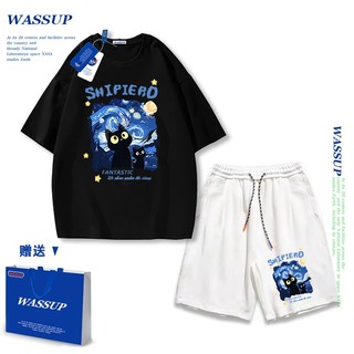 Áo thun ngắn tay Wassup mùa hè nam dáng rộng Quần Short Cotton hợp thời trang, nam nữ thể thao giản dị Phong cách đơn giản 2025 Phong cách mới