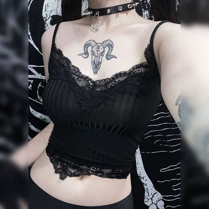 Gothic cô gái cay tối crop top retro đen tang ren viền áo vest yếm