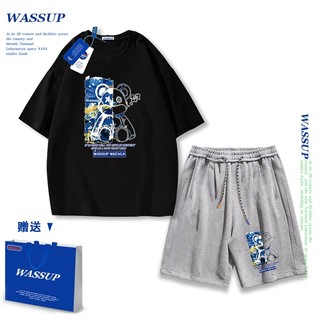 Áo thun ngắn tay Wassup mùa hè nam dáng rộng Quần Short Cotton hợp thời trang, nam nữ thể thao giản dị Phong cách đơn giản 2025 Phong cách mới