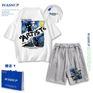 Áo thun ngắn tay Wassup mùa hè nam dáng rộng Quần Short Cotton hợp thời trang, nam nữ thể thao giản dị Phong cách đơn giản 2025 Phong cách mới
