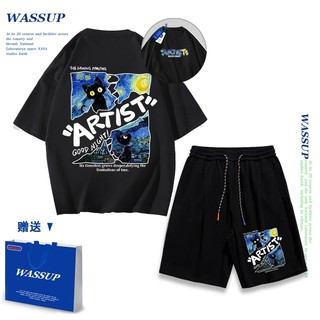 Áo thun ngắn tay Wassup mùa hè nam dáng rộng Quần Short Cotton hợp thời trang, nam nữ thể thao giản dị Phong cách đơn giản 2025 Phong cách mới