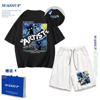 Áo thun ngắn tay Wassup mùa hè nam dáng rộng Quần Short Cotton hợp thời trang, nam nữ thể thao giản dị Phong cách đơn giản 2025 Phong cách mới