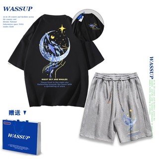 Áo thun ngắn tay Wassup mùa hè nam dáng rộng Quần Short Cotton hợp thời trang, nam nữ thể thao giản dị Phong cách đơn giản 2025 Phong cách mới