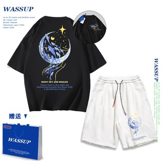 Áo thun ngắn tay Wassup mùa hè nam dáng rộng Quần Short Cotton hợp thời trang, nam nữ thể thao giản dị Phong cách đơn giản 2025 Phong cách mới