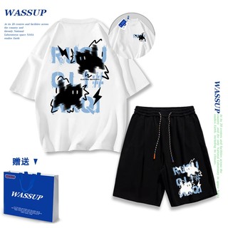 Áo thun ngắn tay Wassup mùa hè nam dáng rộng Quần Short Cotton hợp thời trang, nam nữ thể thao giản dị Phong cách đơn giản 2025 Phong cách mới