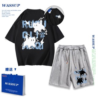 Áo thun ngắn tay Wassup mùa hè nam dáng rộng Quần Short Cotton hợp thời trang, nam nữ thể thao giản dị Phong cách đơn giản 2025 Phong cách mới