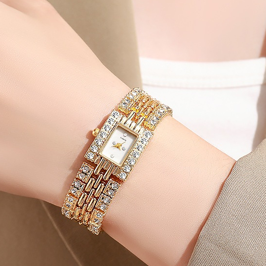 Đồng hồ nữ Đồng hồ thạch anh hình chữ nhật đính kim cương hợp thời trang thanh lịch
