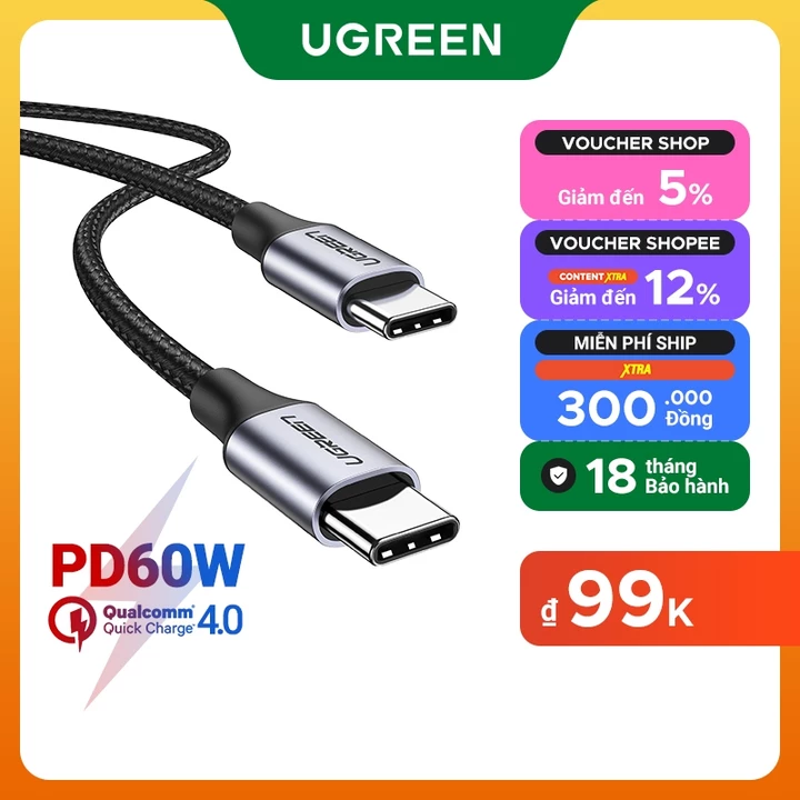 UGREEN Type-C 60W Cáp Sạc USB C Sang USB C Cho iPhone 16 Pro Max/iPhone 17 Pro Max/iPhone 18 Pro Max/Samsung/Xiaomi/Macbook iPad Pro 12.9 11