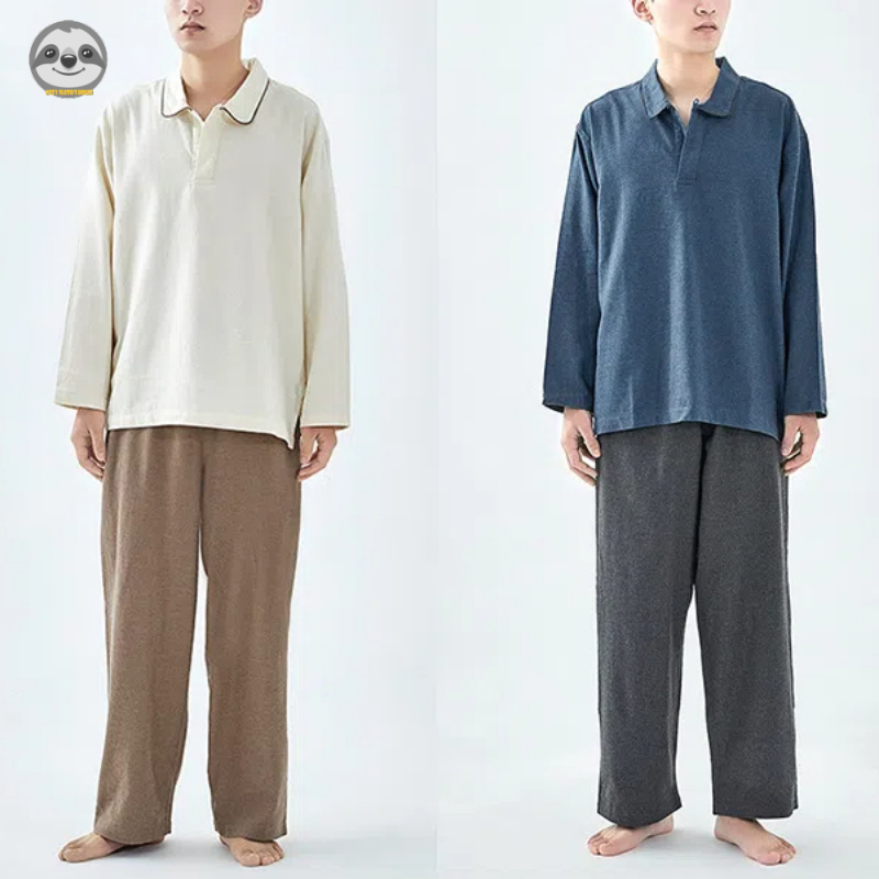 Phong cách Nhật Bản Muji Style / Quần áo phòng chờ Flannel có cổ hở cho nam / Bộ đồ ngủ dài tay bằng Cotton nguyên chất / Đồ ngủ thoải mái mềm mại