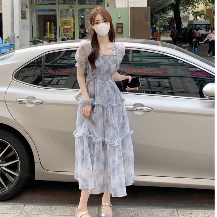 Đầm dài A-line tay phồng hoa phong cách Pháp cho phụ nữ mùa hè mới ngọt ngào cao cấp eo thon