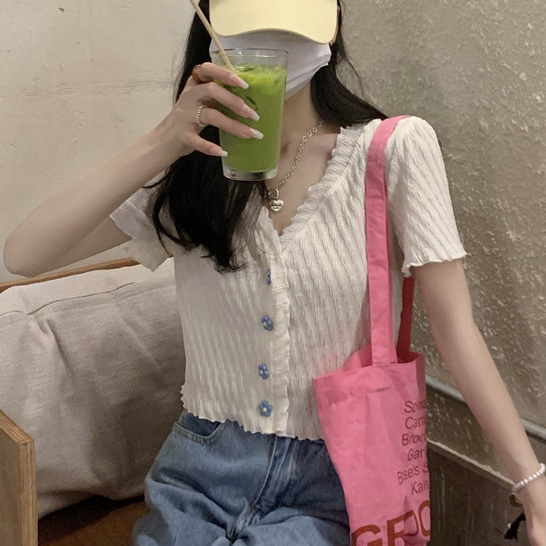 Áo thun xếp nếp cho phụ nữ, tay ngắn đan mỏng, phong cách cô gái cay, áo crop top với quần cạp cao, áo thun