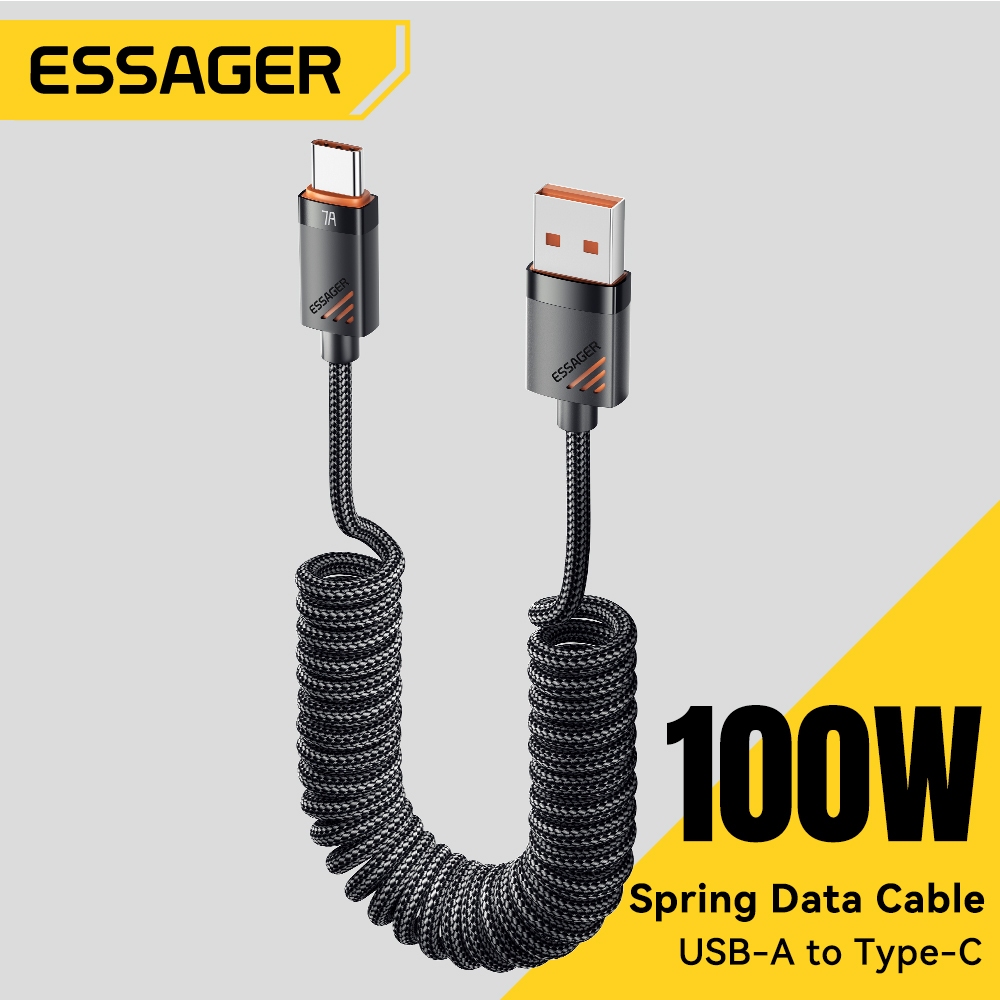 Essager 7A Cáp lò xo USB-A sang Type-C dòng điện cao Cáp dữ liệu sạc xe hơi Bện bền 1,2m 1,8m