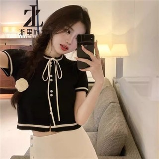 ZHELIHANGFEI Áo Croptop Dệt Kim Tay Ngắn Cổ Tròn Đính Nơ Phong Cách Hàn Quốc Thời Trang Mùa Hè Cho Nữ