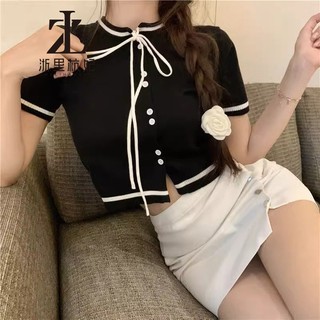 ZHELIHANGFEI Áo Croptop Dệt Kim Tay Ngắn Cổ Tròn Đính Nơ Phong Cách Hàn Quốc Thời Trang Mùa Hè Cho Nữ