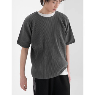 Miyake Xếp Ly Mùa Hè Cổ Tròn Tay Ngắn Co Giãn Áo Thun Rời Hàng Đầu Nam JK020