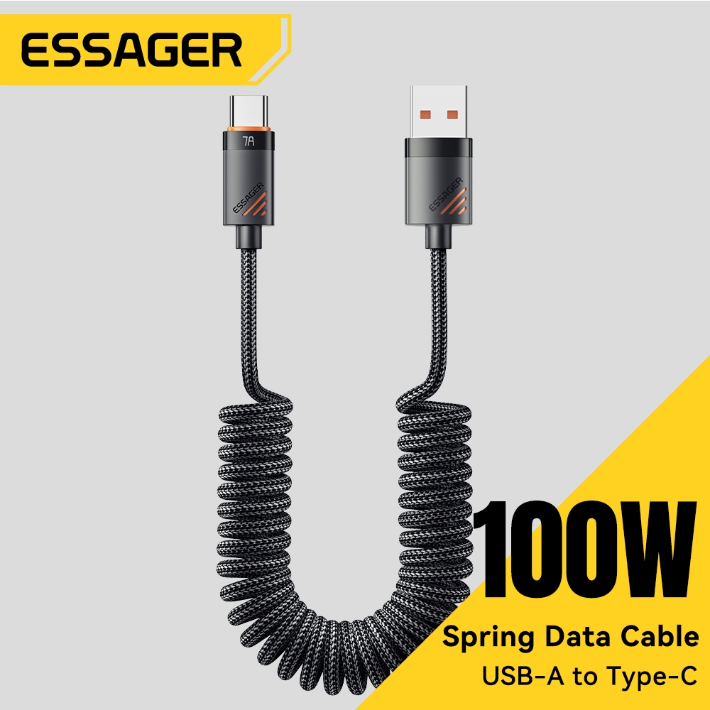Esssger 100W 7A USB A đến Type C Sạc nhanh Cáp dữ liệu lò xo tương thích hoàn toàn