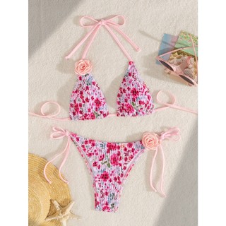 Đồ bơi nữ màu hồng hoa gấp dây dệt hai mảnh Đồ bơi Bikini