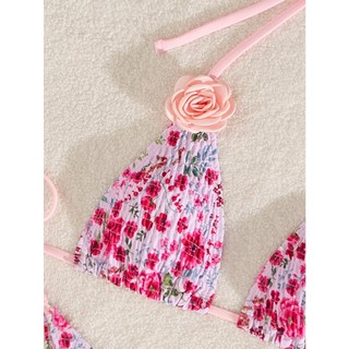 Đồ bơi nữ màu hồng hoa gấp dây dệt hai mảnh Đồ bơi Bikini