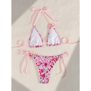 Đồ bơi nữ màu hồng hoa gấp dây dệt hai mảnh Đồ bơi Bikini