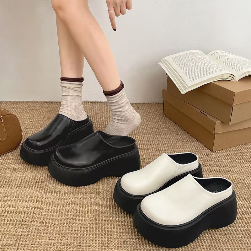 Dép nửa đế dày nữ 2025 Tăng chiều cao 6,5CM Đen / Trắng Baotou Xuân Hè
