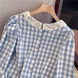 Phong cách hàn quốc nữ dáng rộng cổ điển kẻ sọc áo sơ mi dài tay chất lượng cao