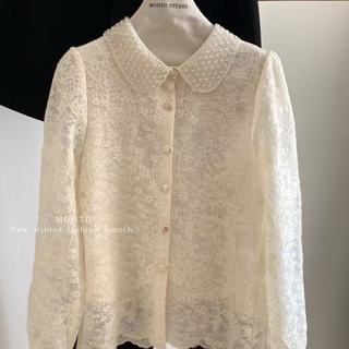 Áo sơ mi dài tay thêu ren dáng rộng phong cách Hàn Quốc dành cho nữ