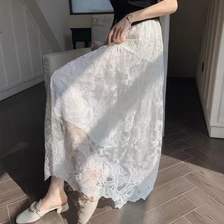 Hàn Quốc Nữ Thời Trang retro dáng rộng giản dị cạp cao ren trắng váy midi