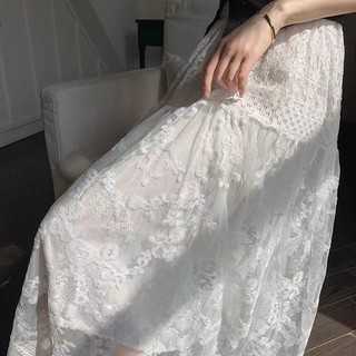 Hàn Quốc Nữ Thời Trang retro dáng rộng giản dị cạp cao ren trắng váy midi