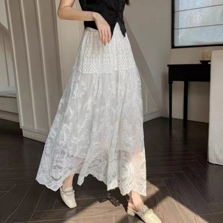 Hàn Quốc Nữ Thời Trang retro dáng rộng giản dị cạp cao ren trắng váy midi