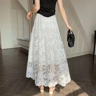 Hàn Quốc Nữ Thời Trang retro dáng rộng giản dị cạp cao ren trắng váy midi