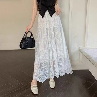 Hàn Quốc Nữ Thời Trang retro dáng rộng giản dị cạp cao ren trắng váy midi