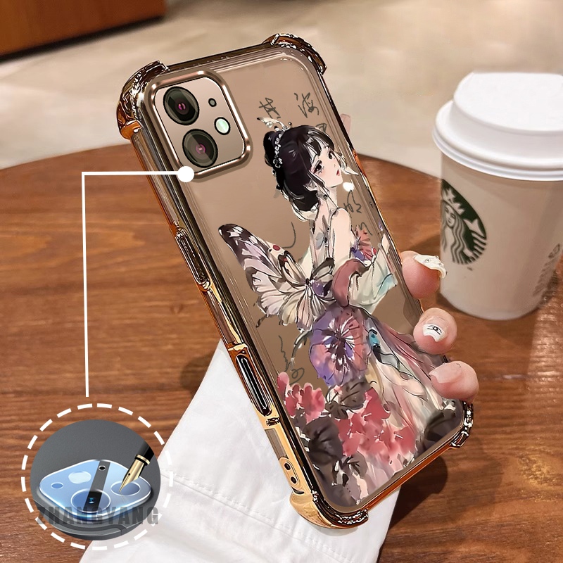 Ốp Lưng Cho iPhone 11 iPhone 11 Pro iPhone 11 Pro Max Bốn Góc Mạ Điện Chống Rơi Vỏ Điện Thoại Thẩm Mỹ Nghệ Thuật Cô Gái Yếu Tố Họa Tiết Silicon TPU Mềm