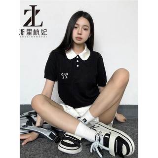 ZHELIHANGFEI Preppy Phong Cách Dệt Kim Ngắn Tay Nữ Mùa Hè Thêu Màu Tương Phản Áo Thun Slim