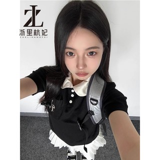 ZHELIHANGFEI Preppy Phong Cách Dệt Kim Ngắn Tay Nữ Mùa Hè Thêu Màu Tương Phản Áo Thun Slim