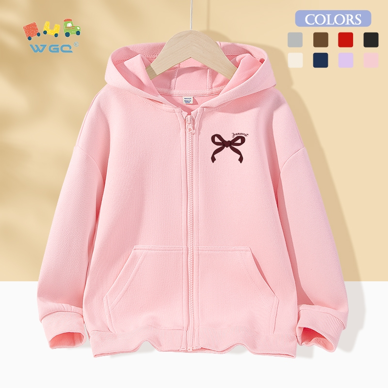 W.G.Q  Áo Hoodie  bé gái , Áo khoác Cardigan có khóa kéo, Túi lớn ở cả hai mặt, in hình có nơ