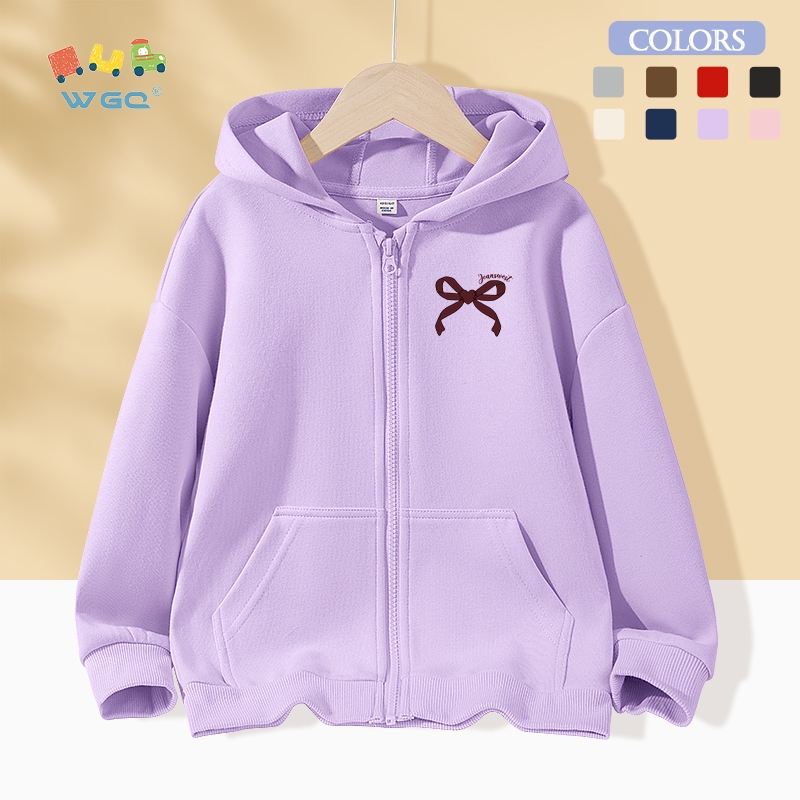 W.G.Q  Áo Hoodie  bé gái , Áo khoác Cardigan có khóa kéo, Túi lớn ở cả hai mặt, in hình có nơ