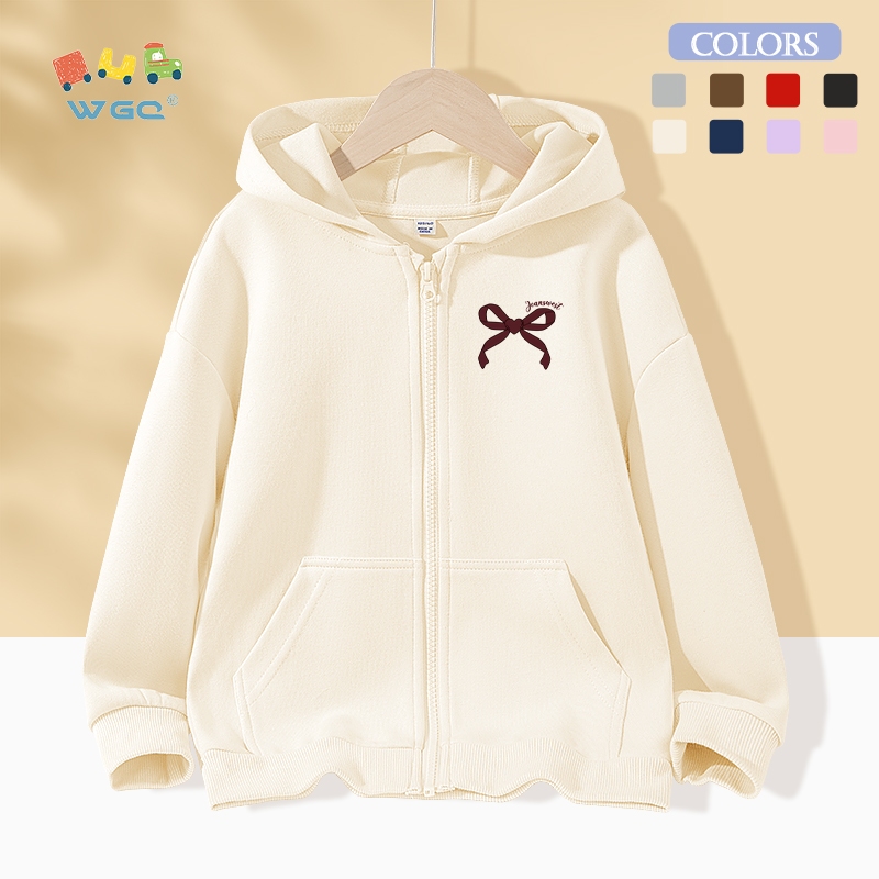 W.G.Q  Áo Hoodie  bé gái , Áo khoác Cardigan có khóa kéo, Túi lớn ở cả hai mặt, in hình có nơ